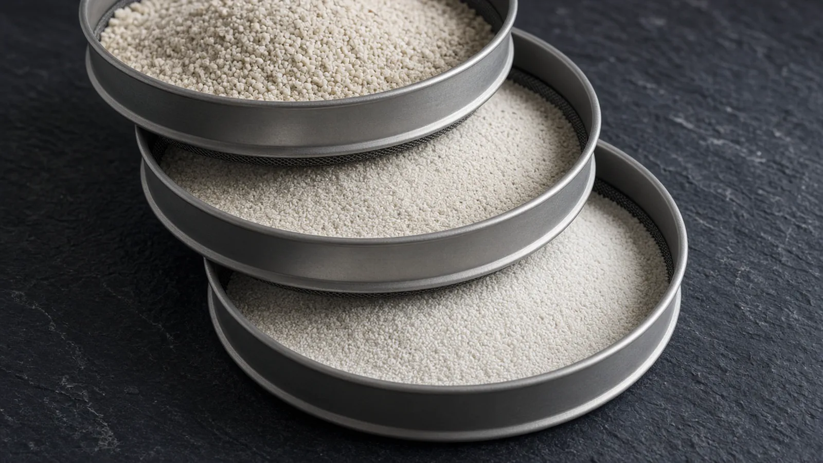Three sieves holding silica sand of different grain sizes
