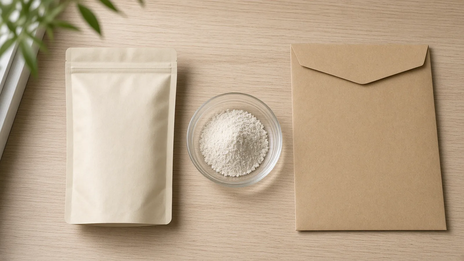 A sample pouch, a dish of mineral powder, and an unmarked envelope