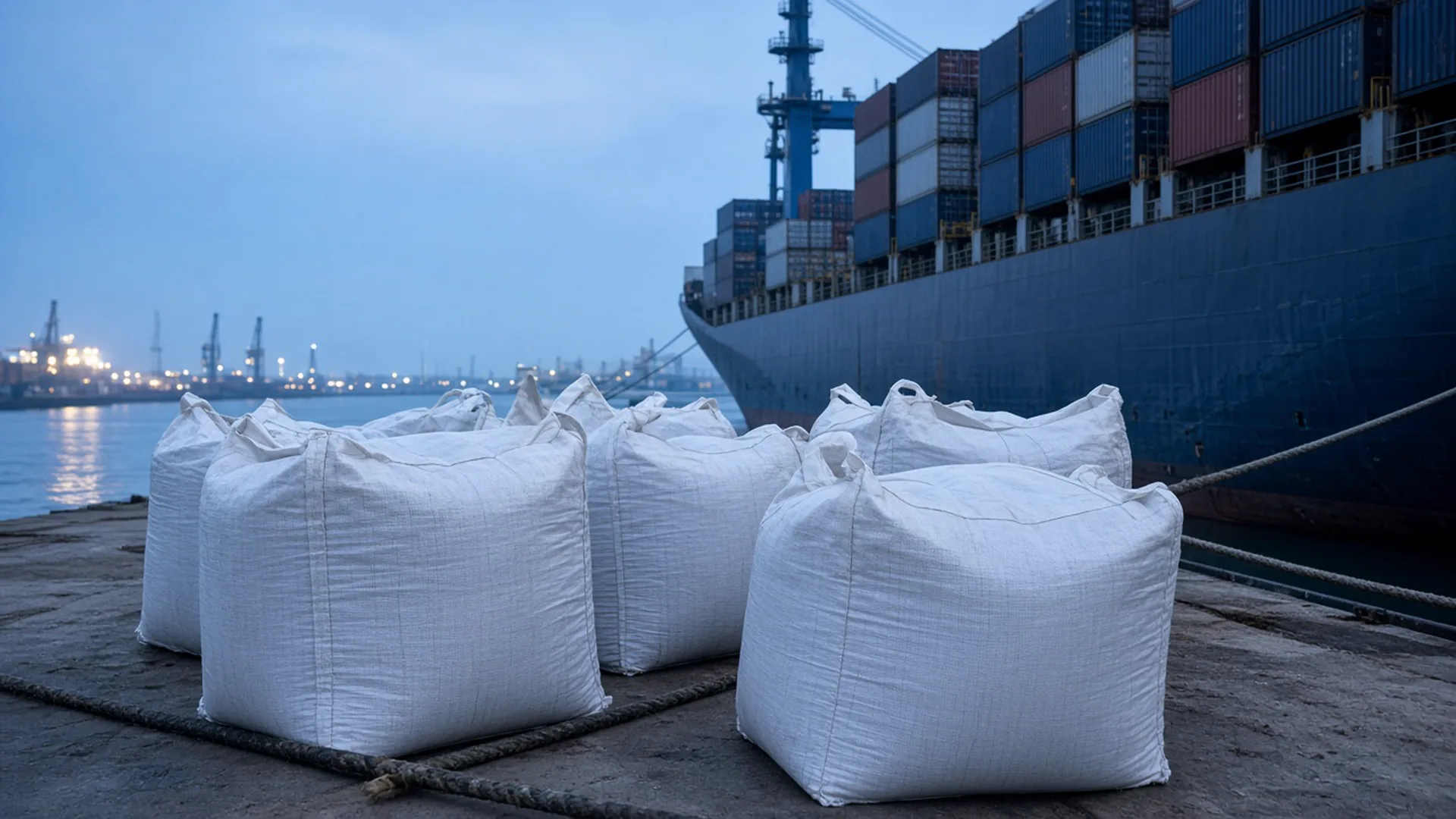 White jumbo bags on a quay beside a container ship