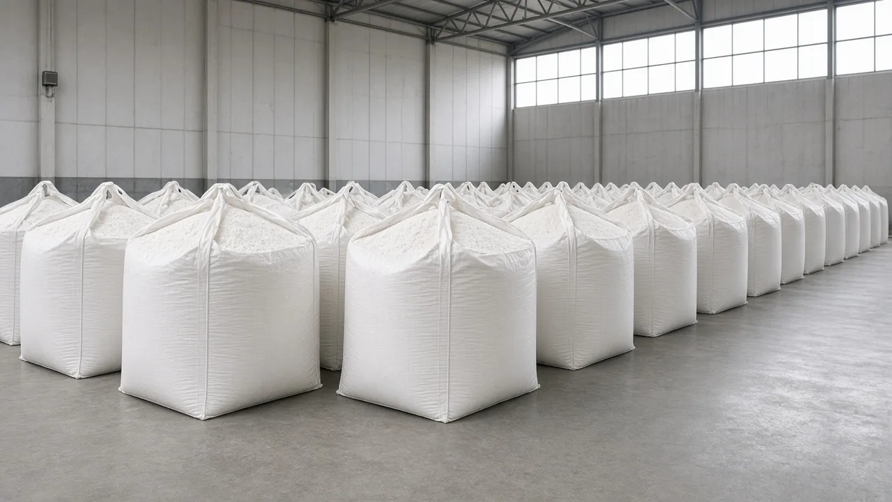 Rows of white jumbo bags stored in a mineral warehouse