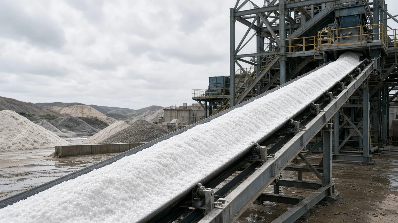 White silica sand traveling on a conveyor in a wash plant