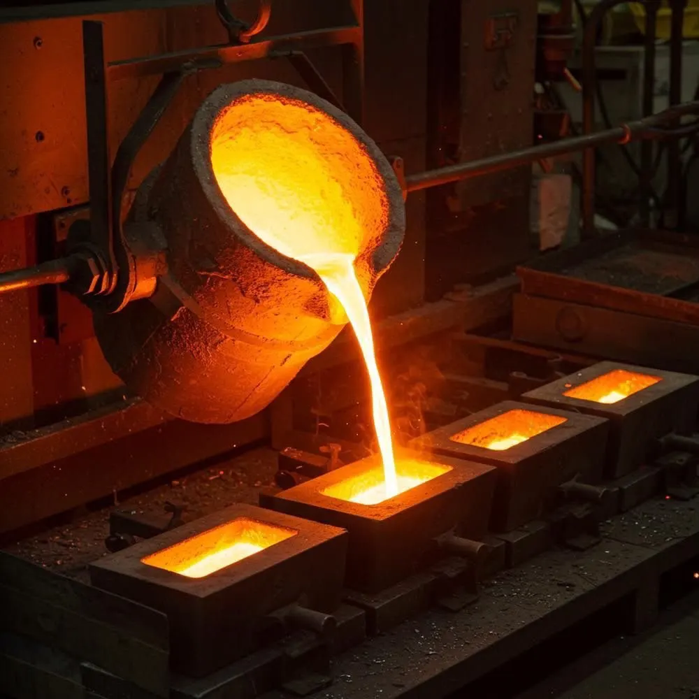 Molten metal poured from a ladle into moulds
