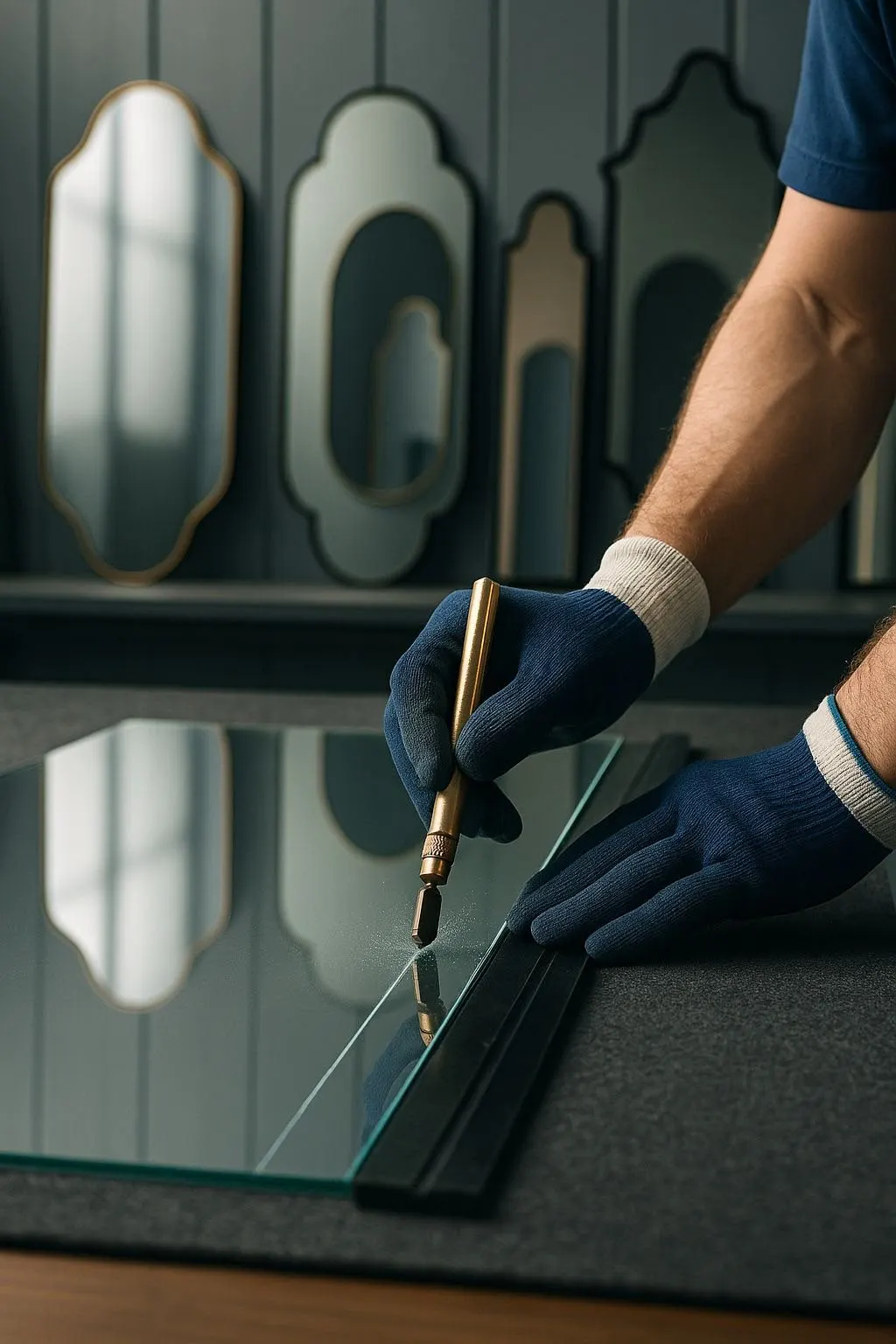 Gloved hands scoring a sheet of glass