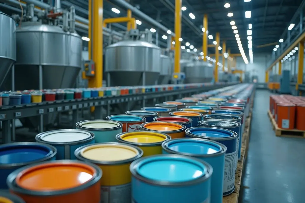 Open paint cans on a coating plant line