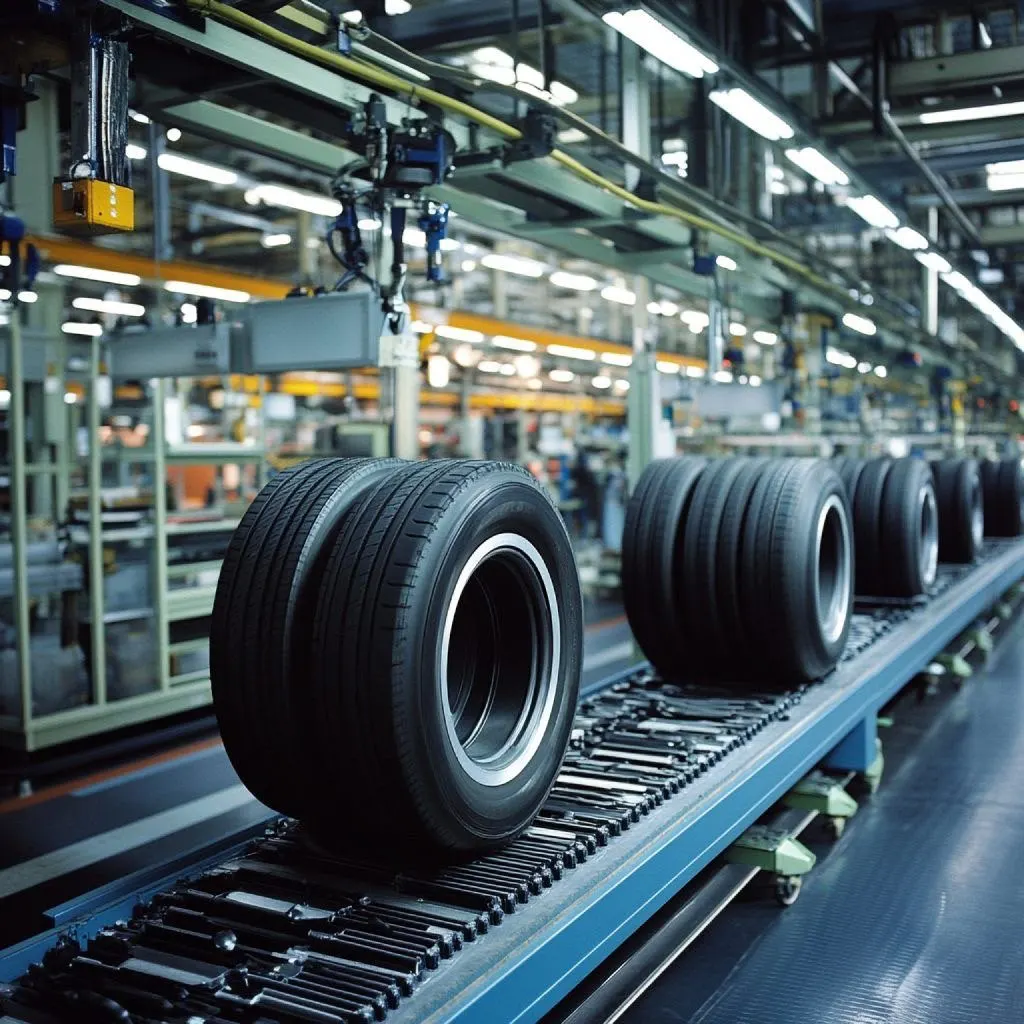 Tyres moving along a production line