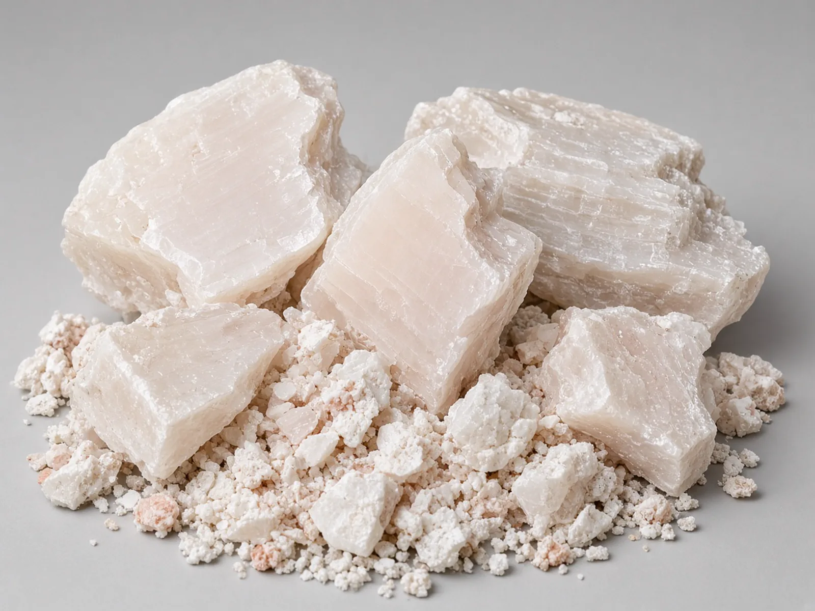 Pale feldspar pieces and finer mineral grains