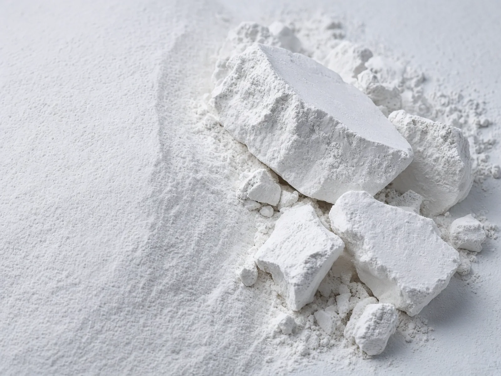 White kaolin clay chunks on a bed of powder