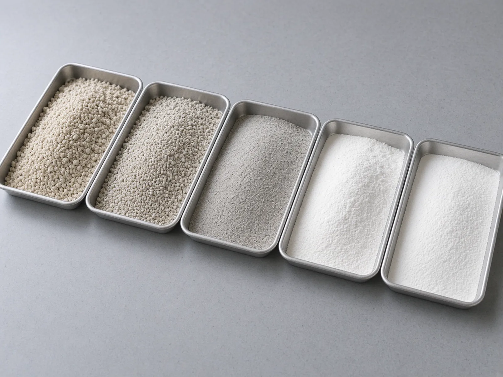 Trays of mineral samples graded from coarse grains to fine white powder
